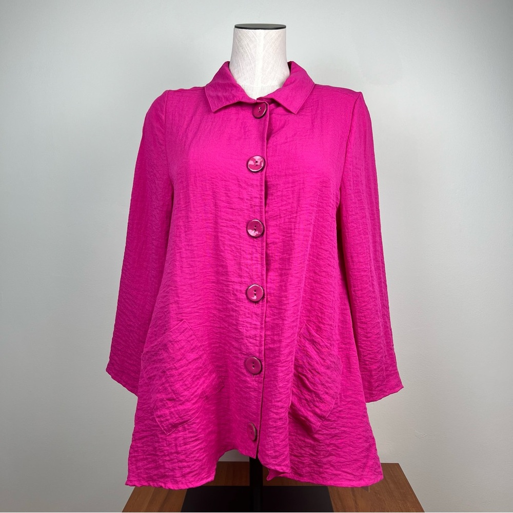 Lulu-B Blouse Pink Tunic 3/4 Sleeve Pockets Button Up